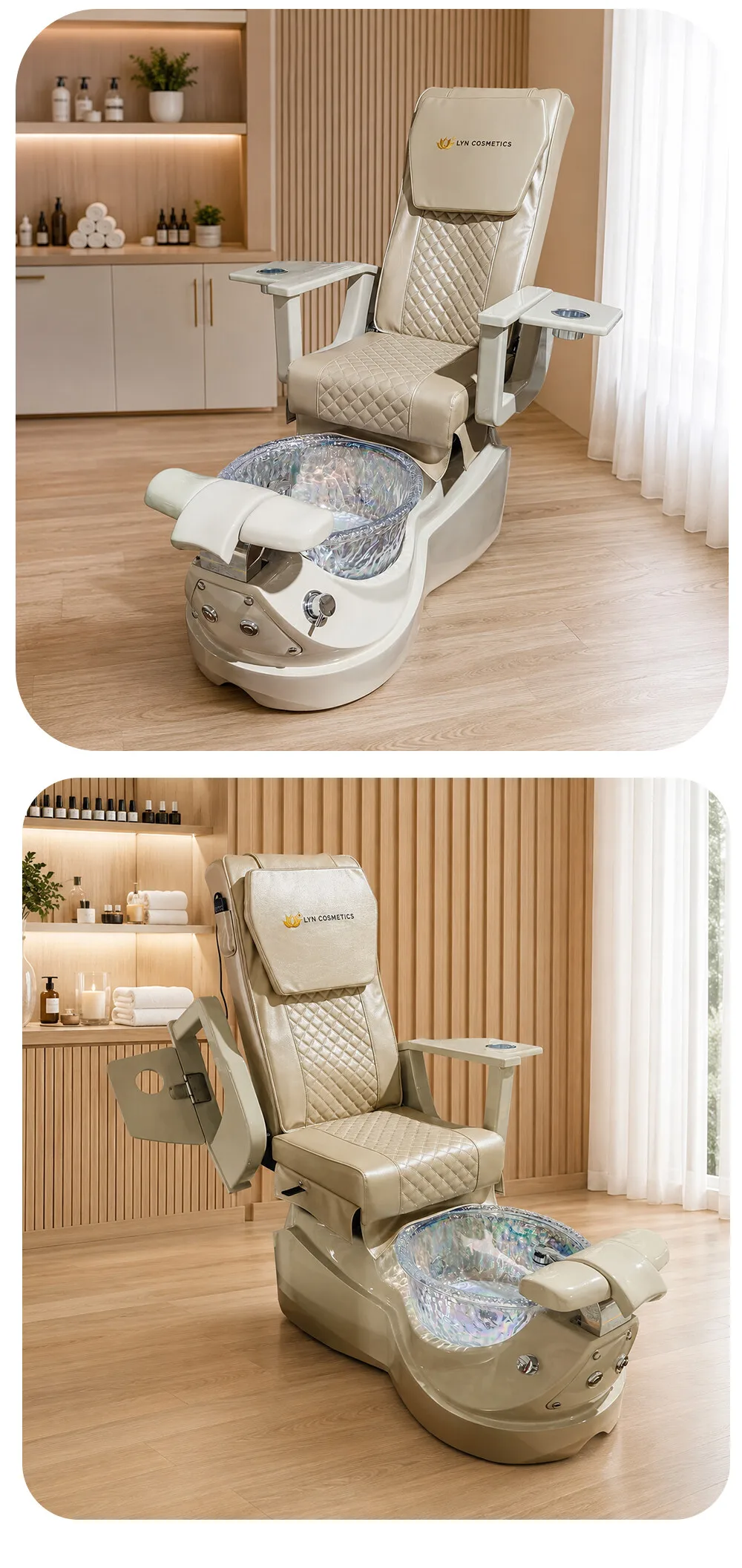 Luxury Pedicure Spa Chair Reclining Massage Glass Foot Basin Hydraulic Adjustable No Plumbing Brown Leather Nail Salon Furniture