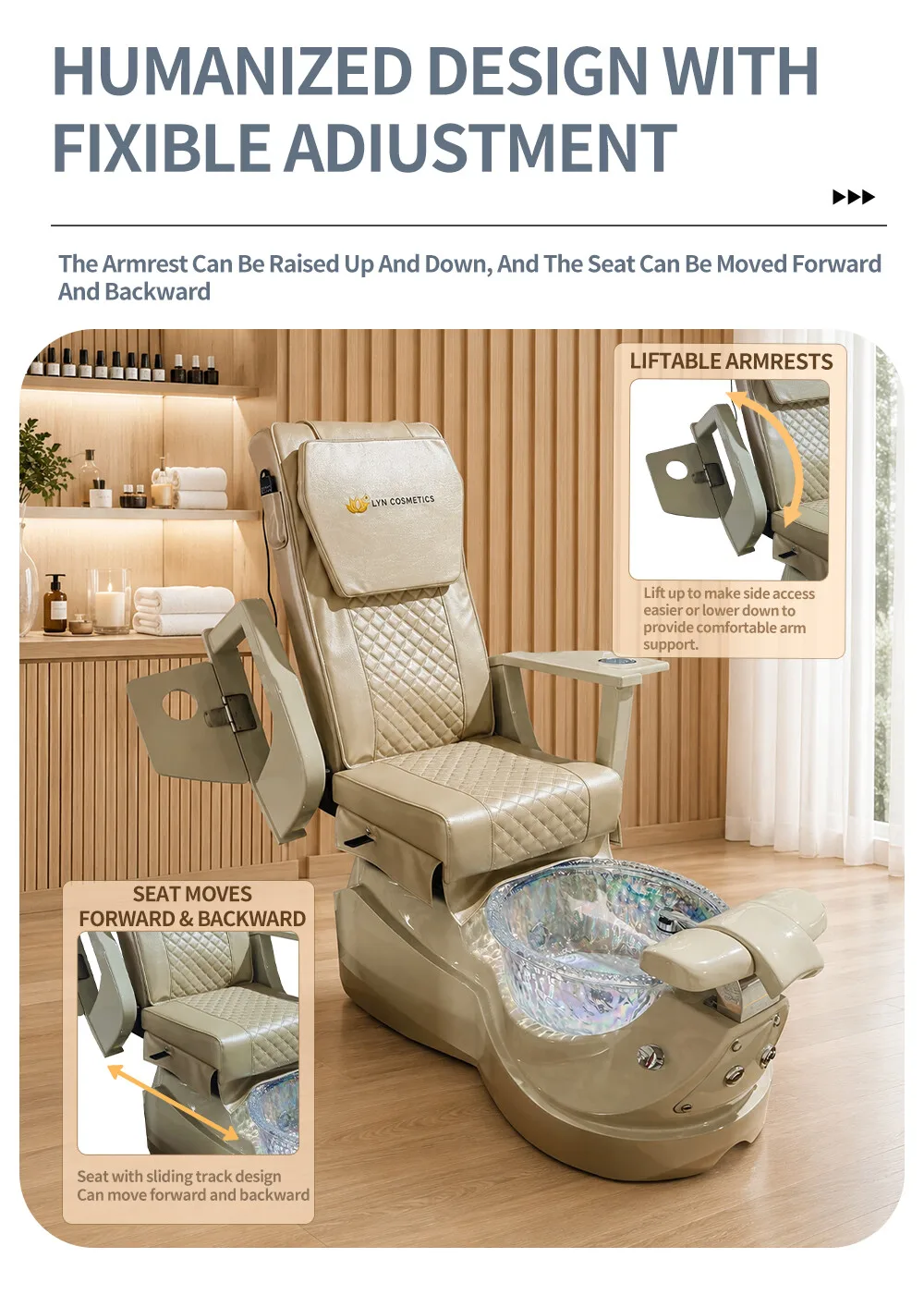 Luxury Pedicure Spa Chair Reclining Massage Glass Foot Basin Hydraulic Adjustable No Plumbing Brown Leather Nail Salon Furniture