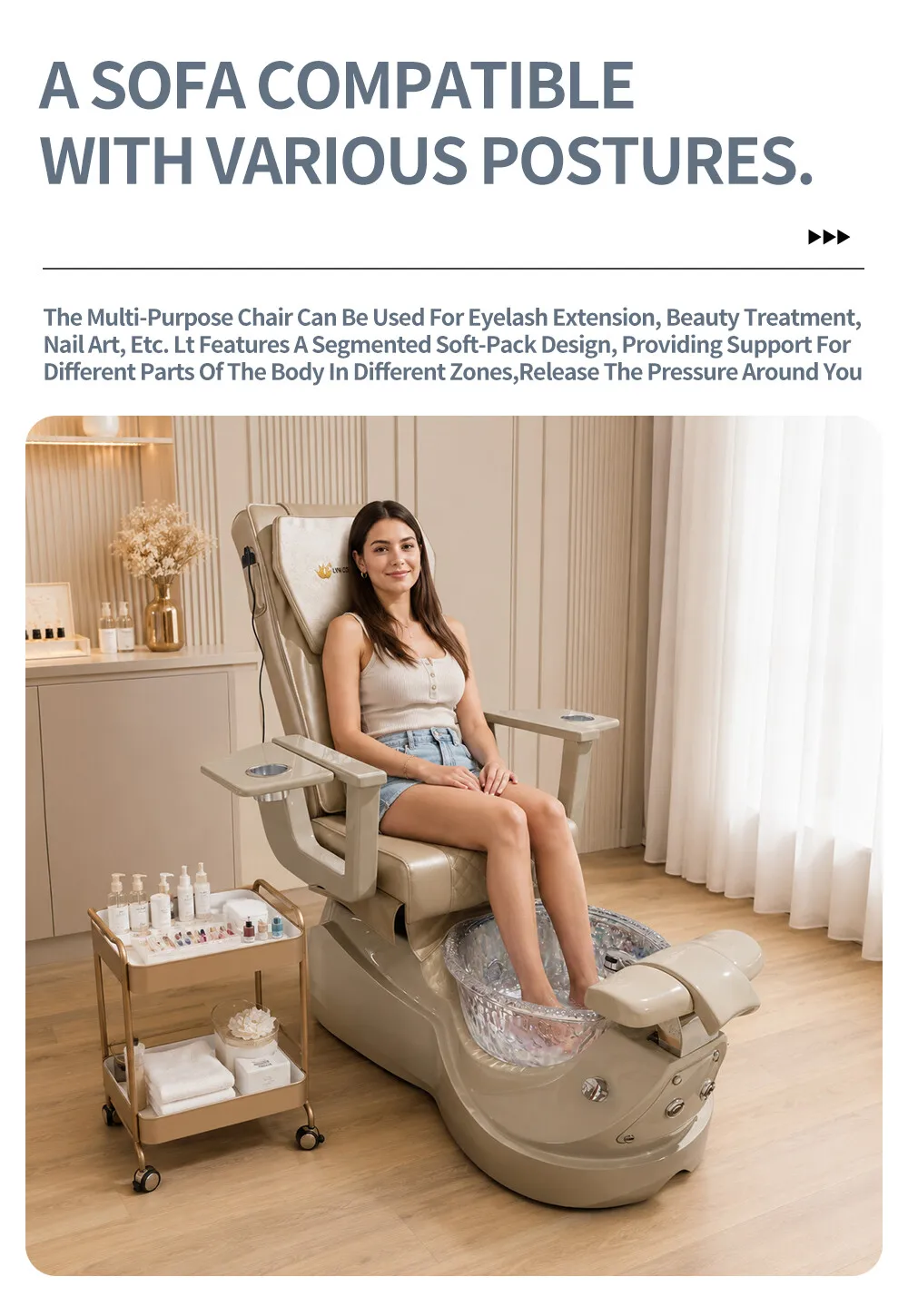 Luxury Pedicure Spa Chair Reclining Massage Glass Foot Basin Hydraulic Adjustable No Plumbing Brown Leather Nail Salon Furniture