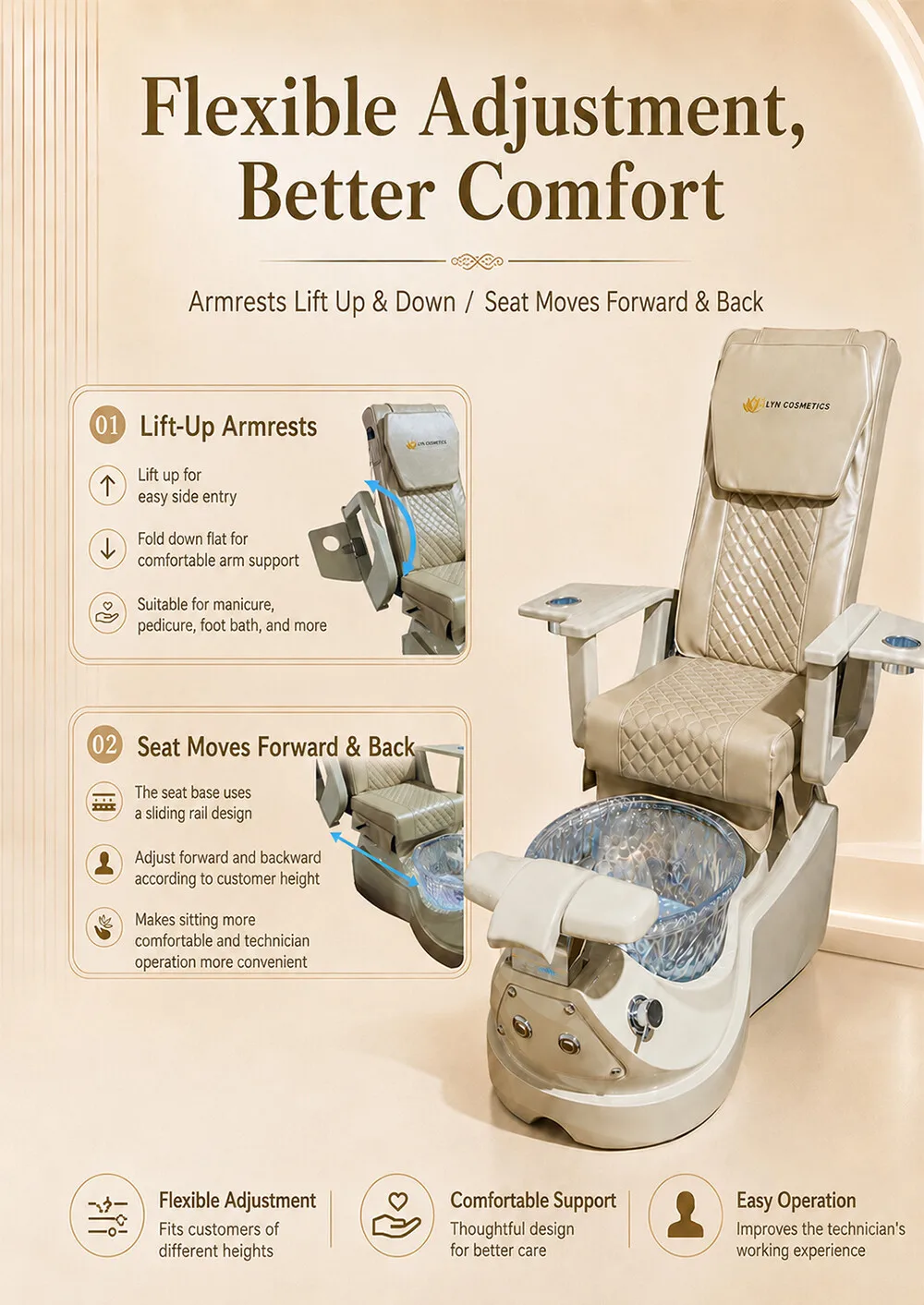 Luxury Pedicure Spa Chair Reclining Massage Glass Foot Basin Hydraulic Adjustable No Plumbing Brown Leather Nail Salon Furniture
