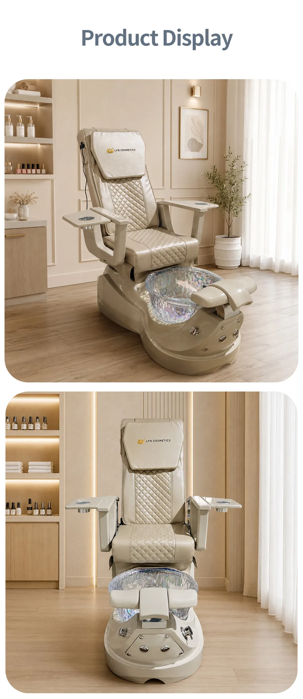 Luxury Pedicure Spa Chair Reclining Massage Glass Foot Basin Hydraulic Adjustable No Plumbing Brown Leather Nail Salon Furniture