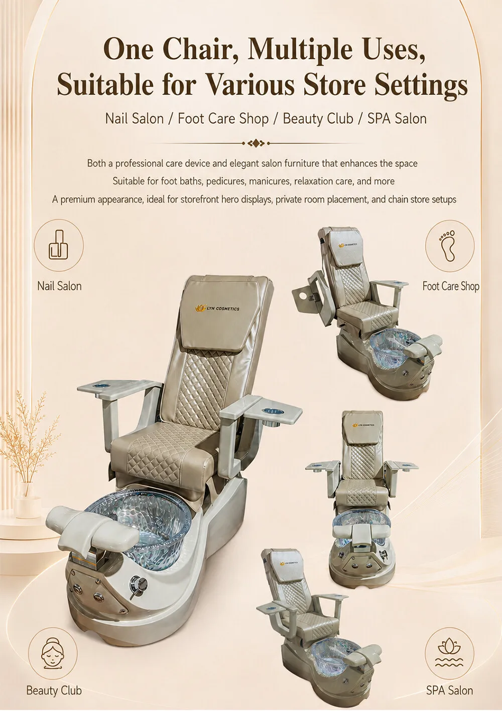 Luxury Pedicure Spa Chair Reclining Massage Glass Foot Basin Hydraulic Adjustable No Plumbing Brown Leather Nail Salon Furniture