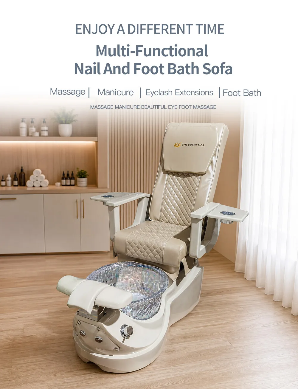 Luxury Pedicure Spa Chair Reclining Massage Glass Foot Basin Hydraulic Adjustable No Plumbing Brown Leather Nail Salon Furniture