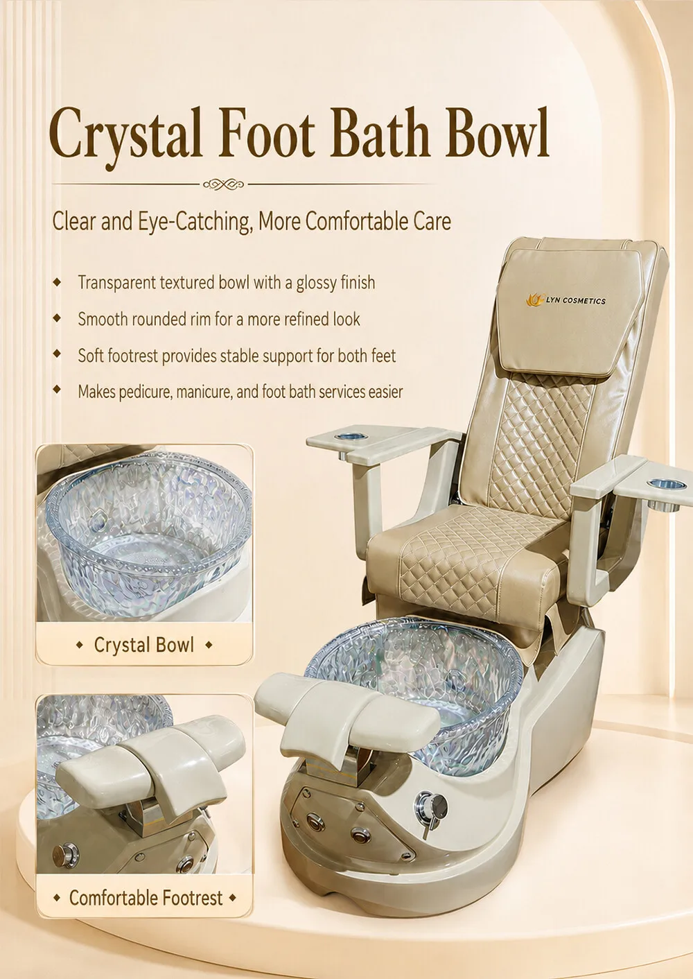 Luxury Pedicure Spa Chair Reclining Massage Glass Foot Basin Hydraulic Adjustable No Plumbing Brown Leather Nail Salon Furniture