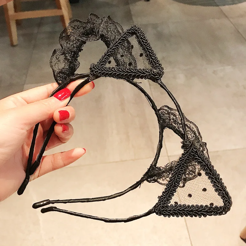 Fashion Cute Mesh Lace Dot Cat Ear Hairbands Simple Solid Ribbon Bow Fox Ears Hair Bands for Women Girls Headwear Accessories
