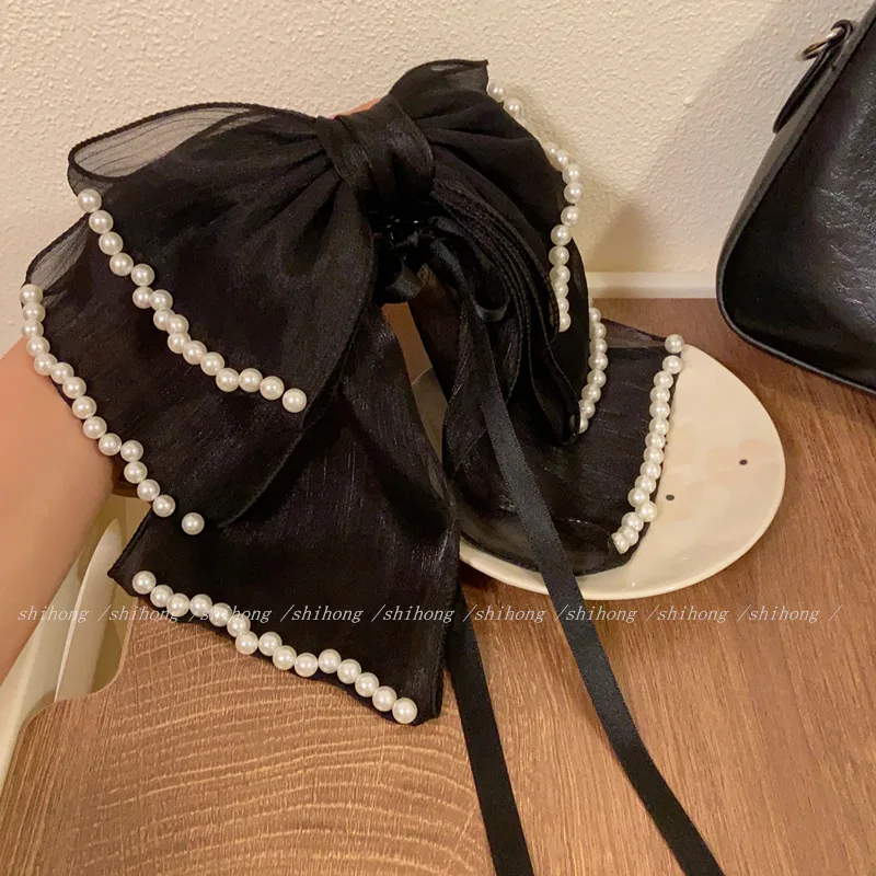 Fashion Fabric Ribbon Black Long Floating Band Grip Clip Pearl Bow Grip Clip Female Women Girl Shark Clip Headdress Accessories