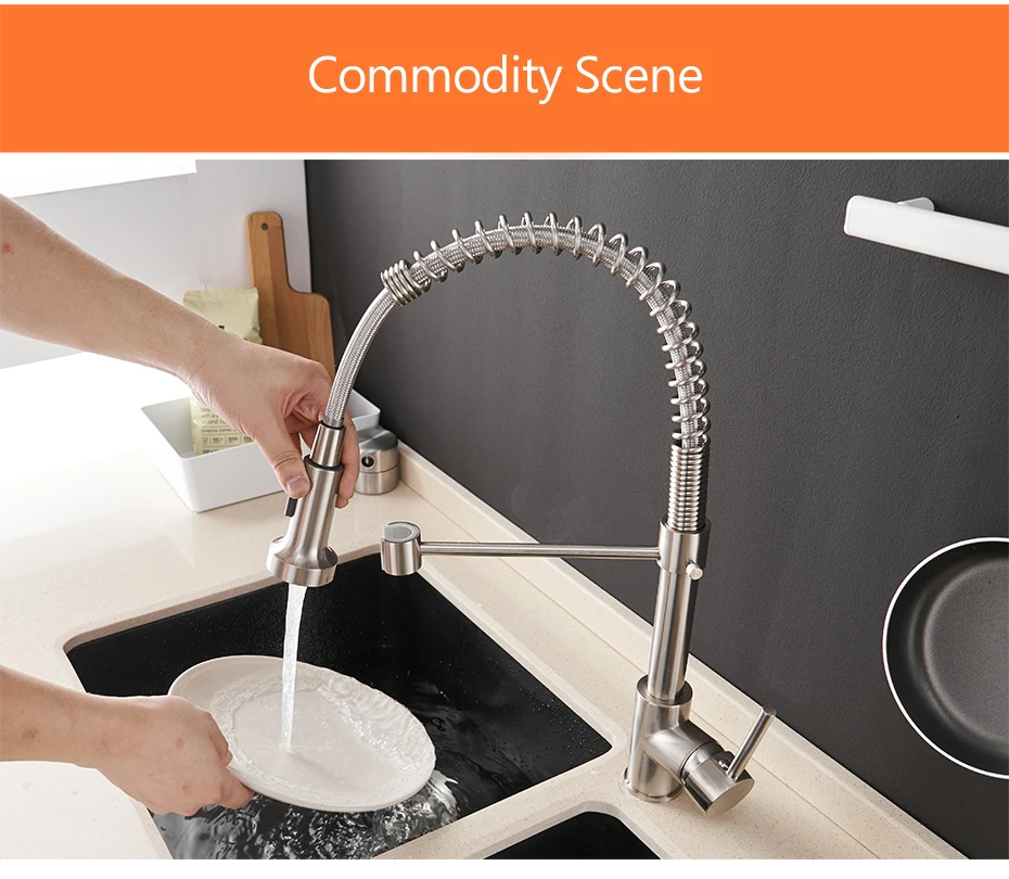 Kitchen Faucets Stainless Steel Black Faucets for Kitchen Single Hole Pull Down Spring Mixers Tap Hot Cold Water Crane 9009