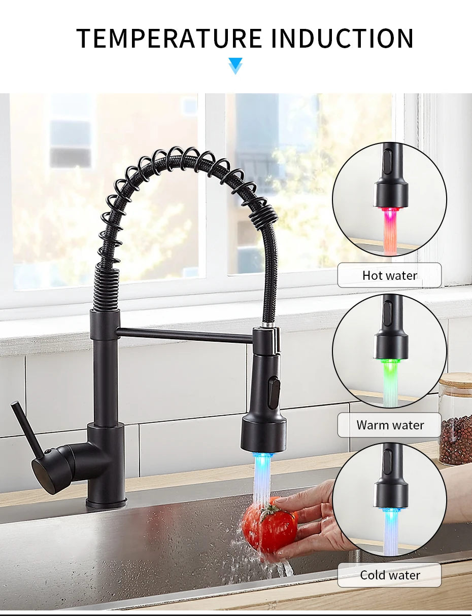 Kitchen Faucets Stainless Steel Black Faucets for Kitchen Single Hole Pull Down Spring Mixers Tap Hot Cold Water Crane 9009