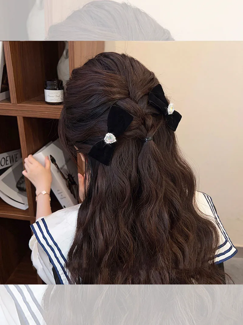Velvet Diamond Inlaid Digital Bow Hairpin Ins Style Retro Temperament Duck Bill Clip Heart Versatile Headwear Hair Accessories