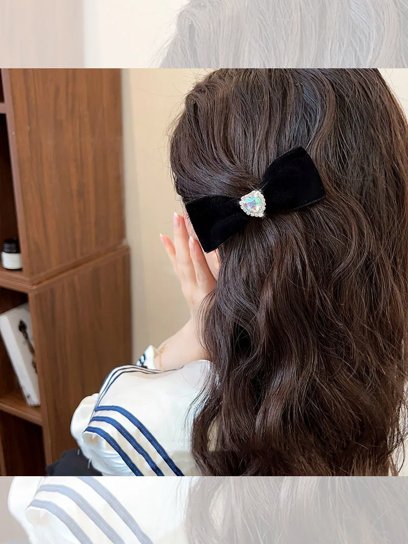 Velvet Diamond Inlaid Digital Bow Hairpin Ins Style Retro Temperament Duck Bill Clip Heart Versatile Headwear Hair Accessories