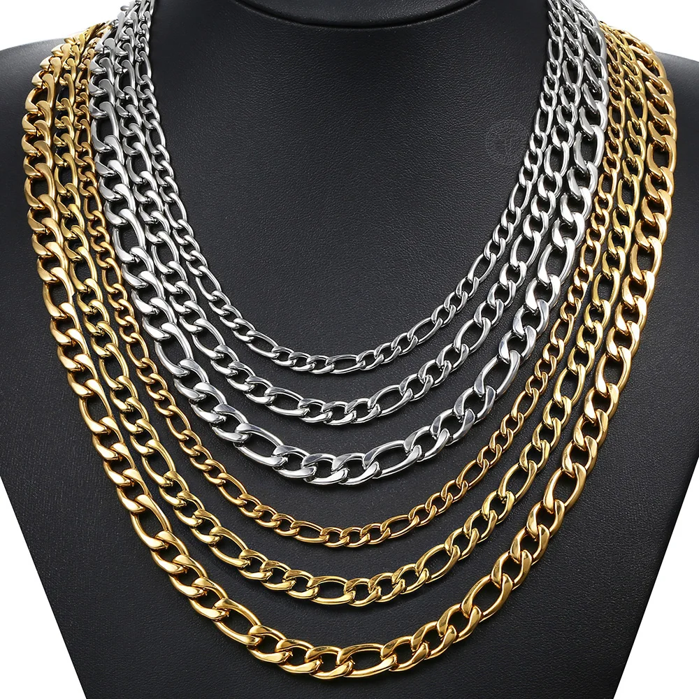 3/5/7/9mm Men's Stainless Steel Necklace Figaro Link Chain Choker for Men Women Gold Color Silver Color Solid Accessories KNM177