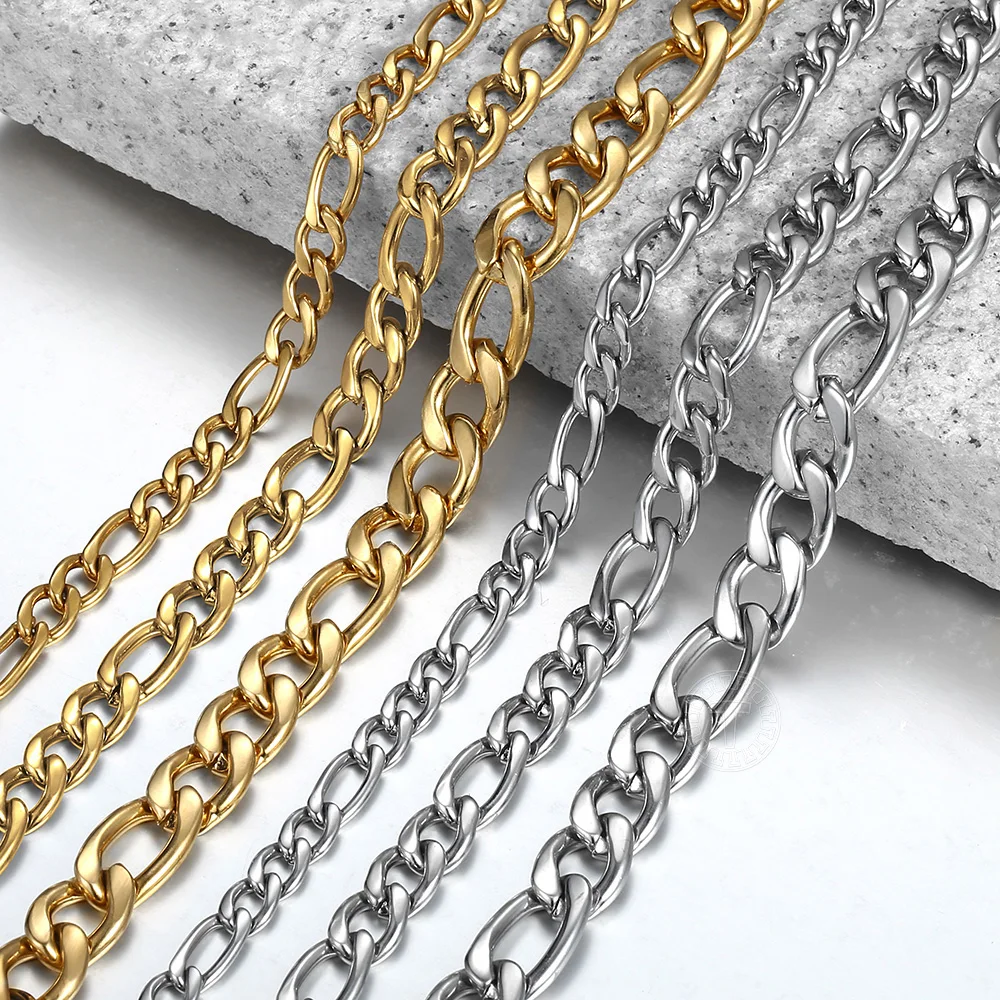3/5/7/9mm Men's Stainless Steel Necklace Figaro Link Chain Choker for Men Women Gold Color Silver Color Solid Accessories KNM177