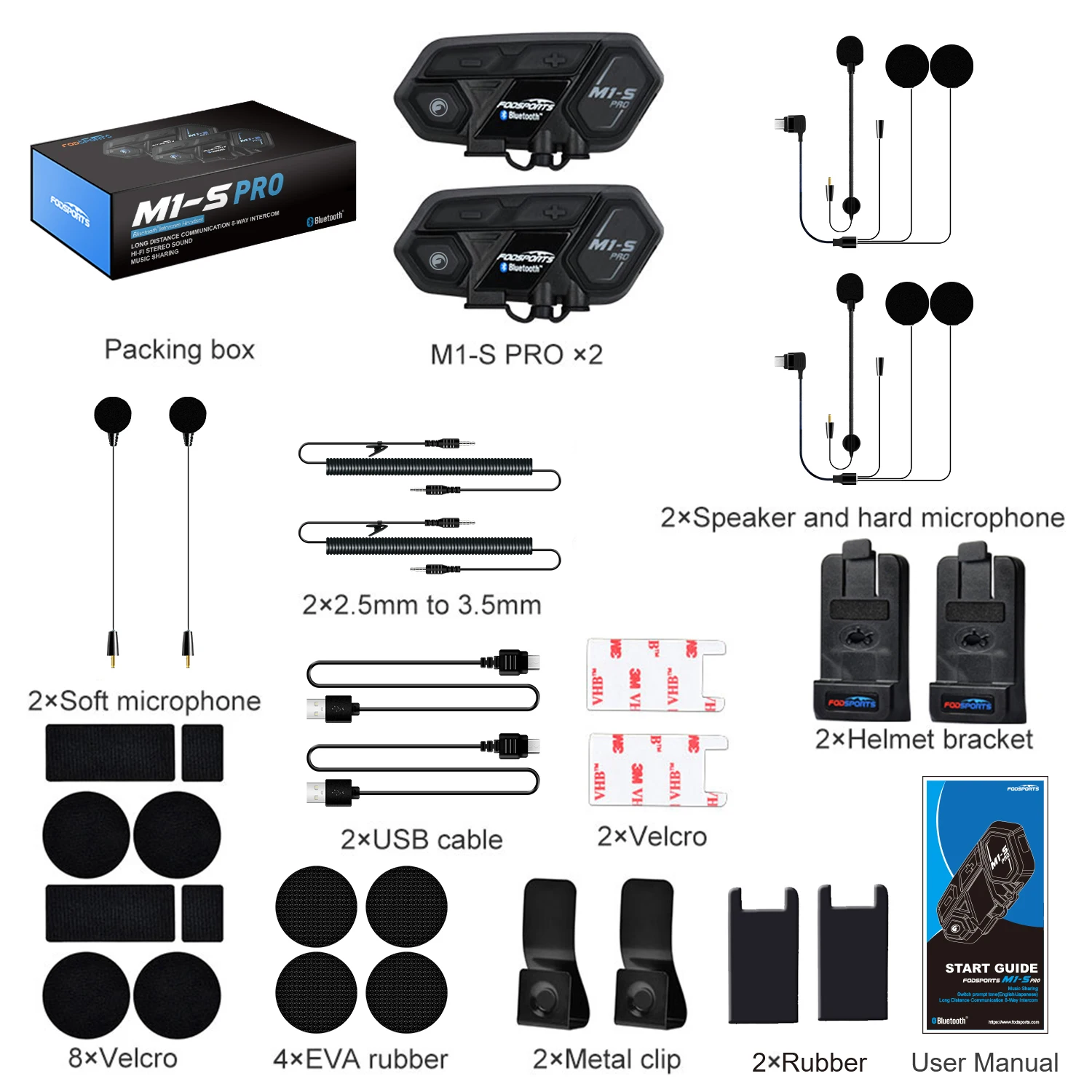 2 Pcs Fodsports M1-S Pro Motorcycle Helmet Intercom Wireless Bluetooth Headset, Moto Interphone, 10 Riders 2000M