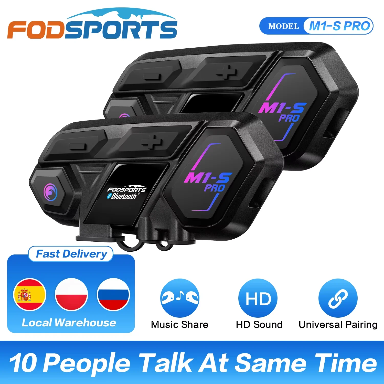 2 Pcs Fodsports M1-S Pro Motorcycle Helmet Intercom Wireless Bluetooth Headset, Moto Interphone, 10 Riders 2000M
