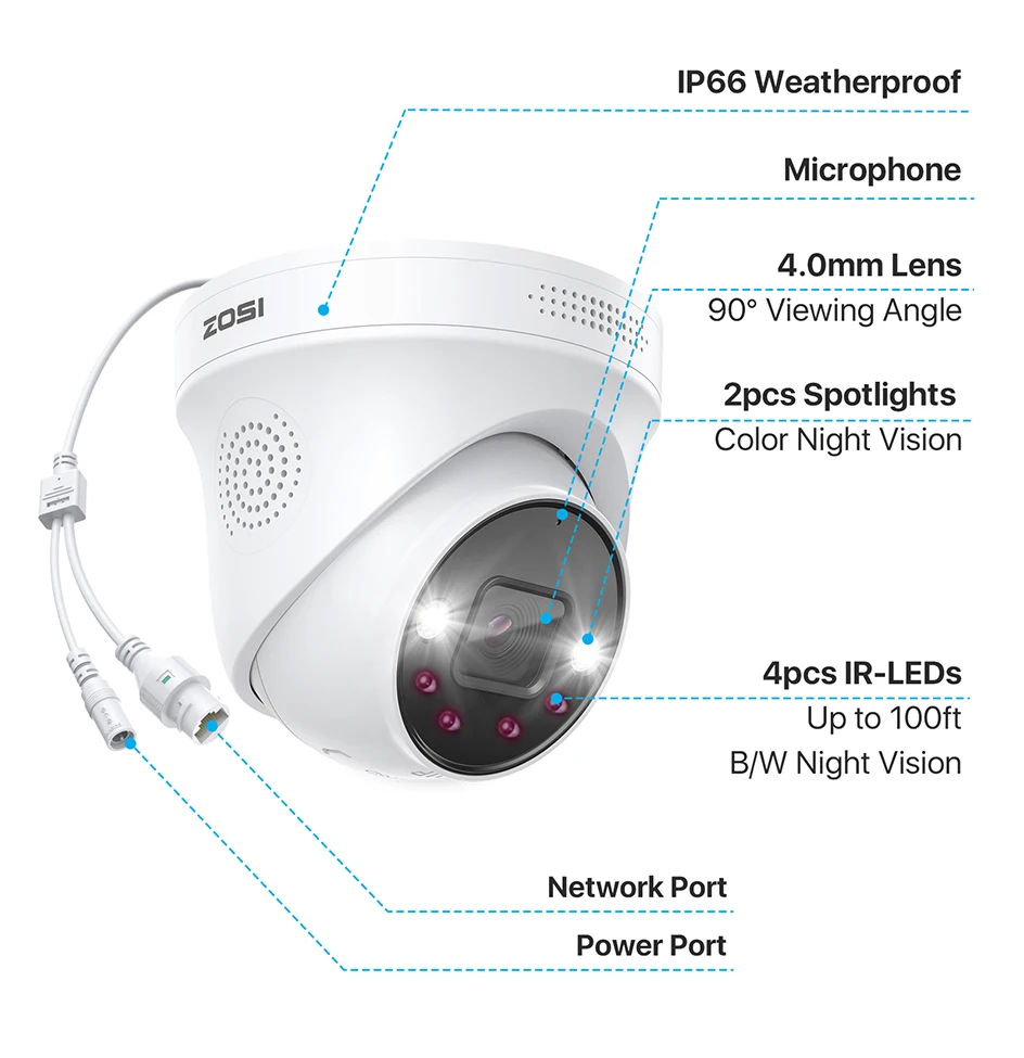 ZOSI 4K PoE IP Camera H.265+ 8MP 5MP HDR Add-on Camera AI Human Detect 100ft Night Vision IP66 Outdoor Video Surveillance Camera