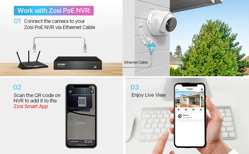 ZOSI 4K PoE IP Camera H.265+ 8MP 5MP HDR Add-on Camera AI Human Detect 100ft Night Vision IP66 Outdoor Video Surveillance Camera