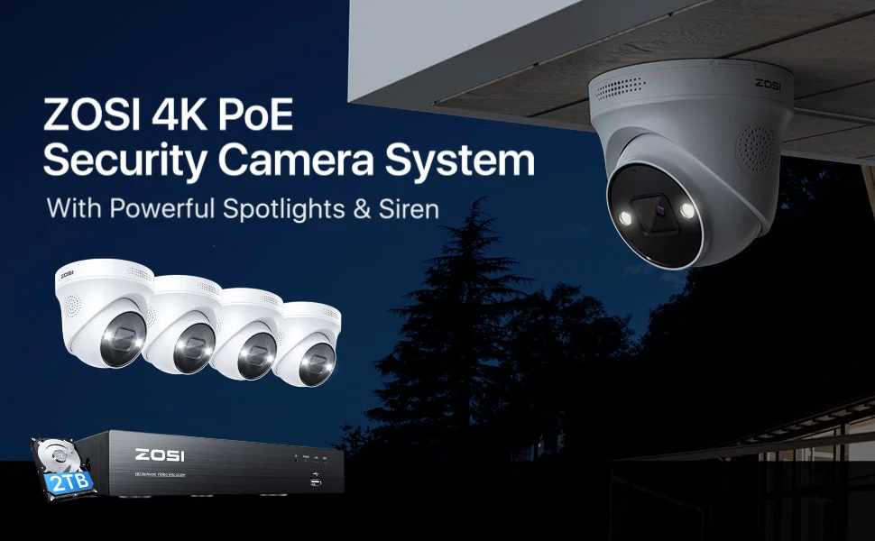 ZOSI 4K PoE Video Surveillance Cameras System 8 Ports 16CH 8MP CCTV NVR Person/Vehicle Detect 8MP/5MP Out/Indoor Security IP Cam