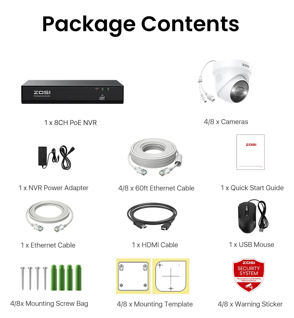 ZOSI 4K PoE Video Surveillance Cameras System 8 Ports 16CH 8MP CCTV NVR Person/Vehicle Detect 8MP/5MP Out/Indoor Security IP Cam