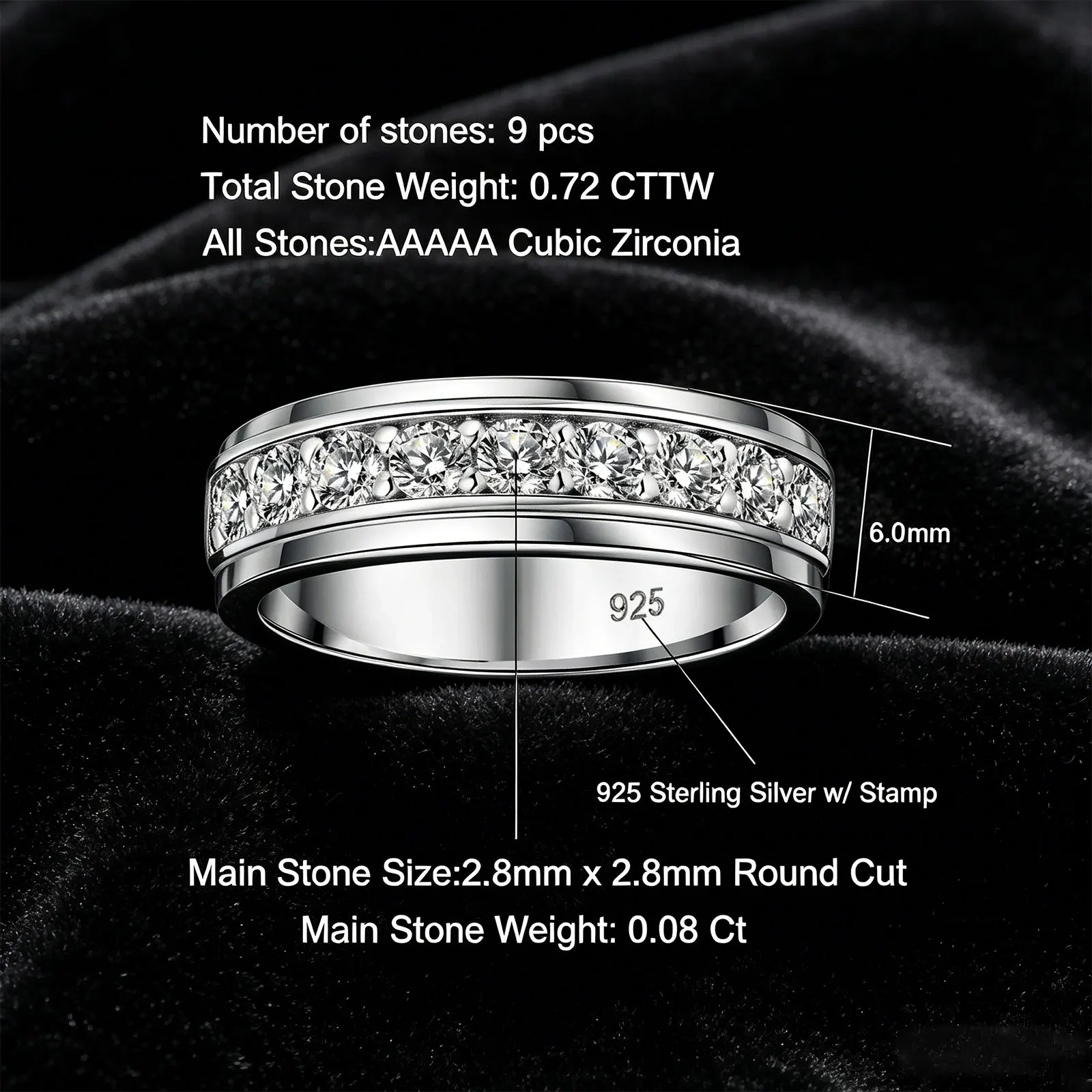 Newshe 925 Sterling Silver Wedding Rings for Men Brilliant Round AAAAA Cubic Zircon Engagement Band Ring Fine Jewelry