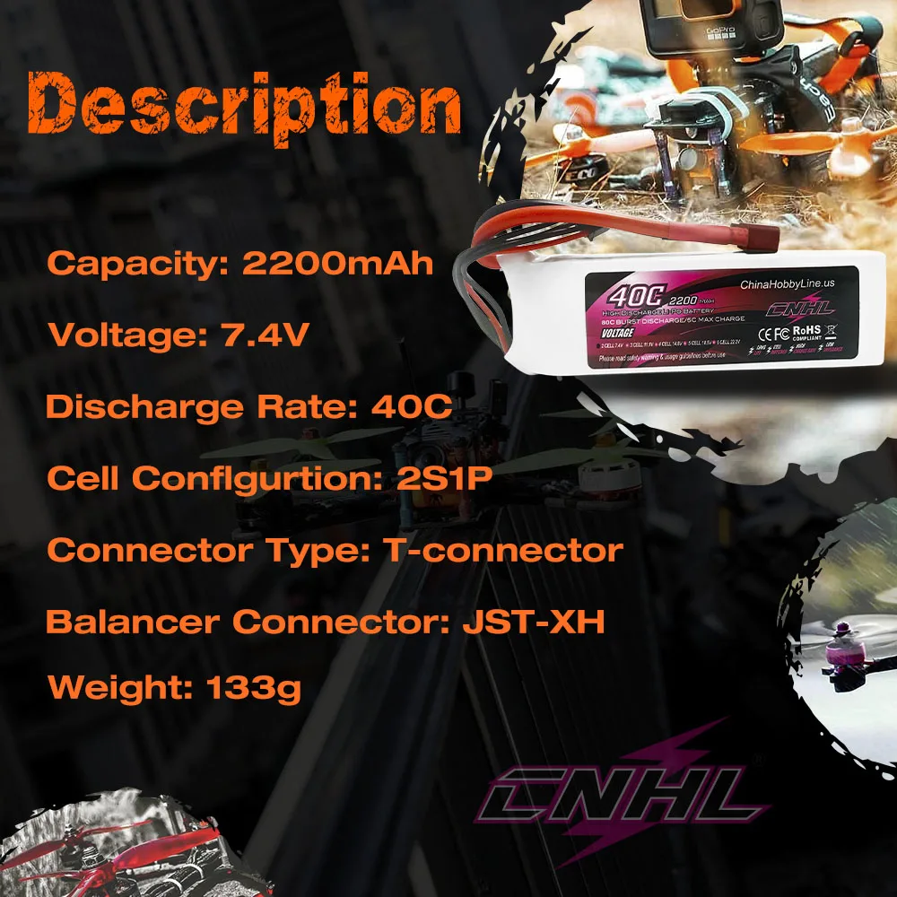 2pcs CNHL 2S 7.4V Lipo Battery 2200mAh 40C 70C With T Deans XT60 Plug for FPV Quadcopter Drone Airplane Helicopter Car Hobby