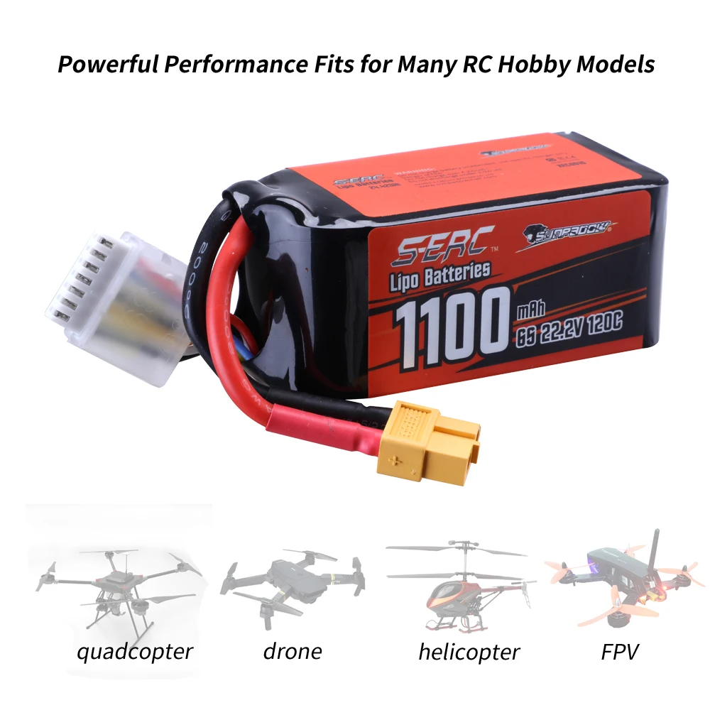 Sunpadow 22.2V 6S Lipo Battery 1100 1300mAh 1500mAh 120C Soft Pack with XT60 Plug for RC FPV Helicopter Airplane Drone Racing