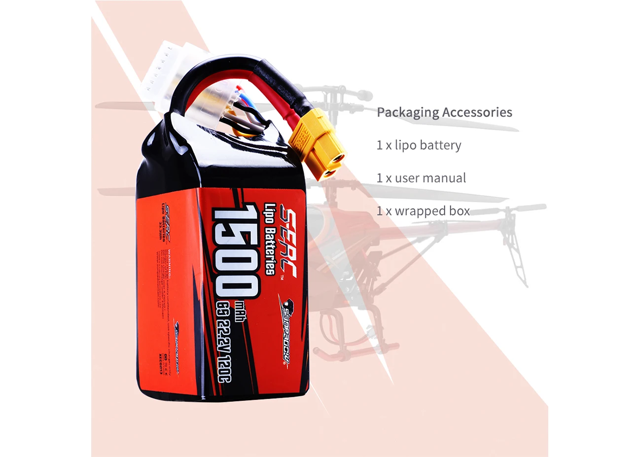 Sunpadow 22.2V 6S Lipo Battery 1100 1300mAh 1500mAh 120C Soft Pack with XT60 Plug for RC FPV Helicopter Airplane Drone Racing