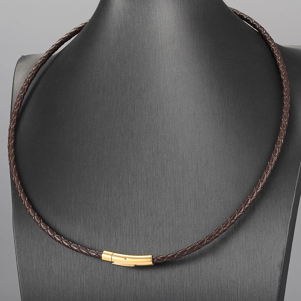 4mm/6mm Man-made Leather Necklace Choker For Men Boys Red Black Brown Braided Rope Chain Male Push Clasp Jewelry Gifts UN149