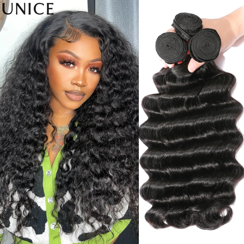UNICE Loose Deep Wave 1/3 PCS Natural Color Unprocessed Virgin 100% Human Hair Bundles Sew-In Weaves 100Grams Per Bundle
