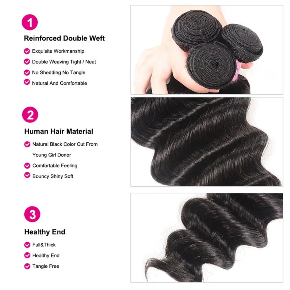 UNICE Loose Deep Wave 1/3 PCS Natural Color Unprocessed Virgin 100% Human Hair Bundles Sew-In Weaves 100Grams Per Bundle