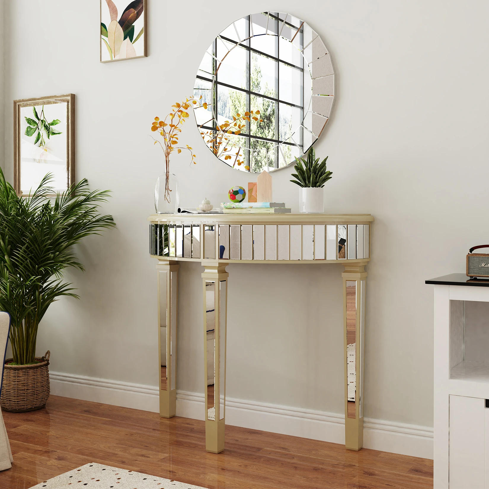 Half Moon Console Table Modern Silver Mirrored Living Room Console Entryway Table