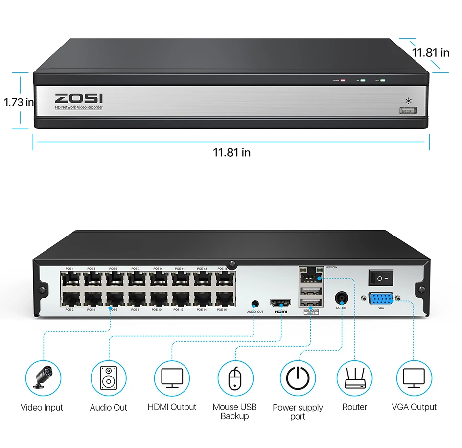 ZOSI 4K HD PoE NVR System 8CH/16CH H.265+ Video Surveillance Network Recorder Only for ZOSI 5MP 8MP PoE Cameras