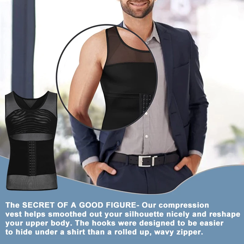 Mens Compression Vest Slimming Body Shaper Shirt Tummy Control Fitness Workout Tank Tops Abs Abdomen Undershirts with Hooks