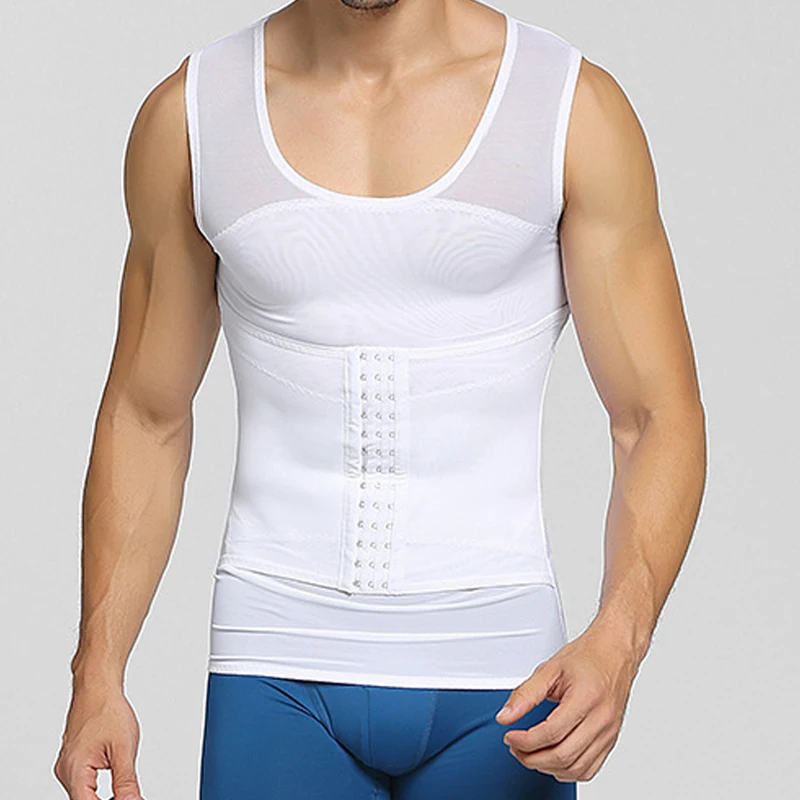 Mens Compression Vest Slimming Body Shaper Shirt Tummy Control Fitness Workout Tank Tops Abs Abdomen Undershirts with Hooks