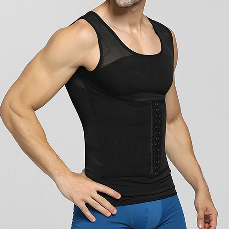 Mens Compression Vest Slimming Body Shaper Shirt Tummy Control Fitness Workout Tank Tops Abs Abdomen Undershirts with Hooks