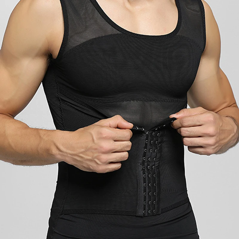 Mens Compression Vest Slimming Body Shaper Shirt Tummy Control Fitness Workout Tank Tops Abs Abdomen Undershirts with Hooks
