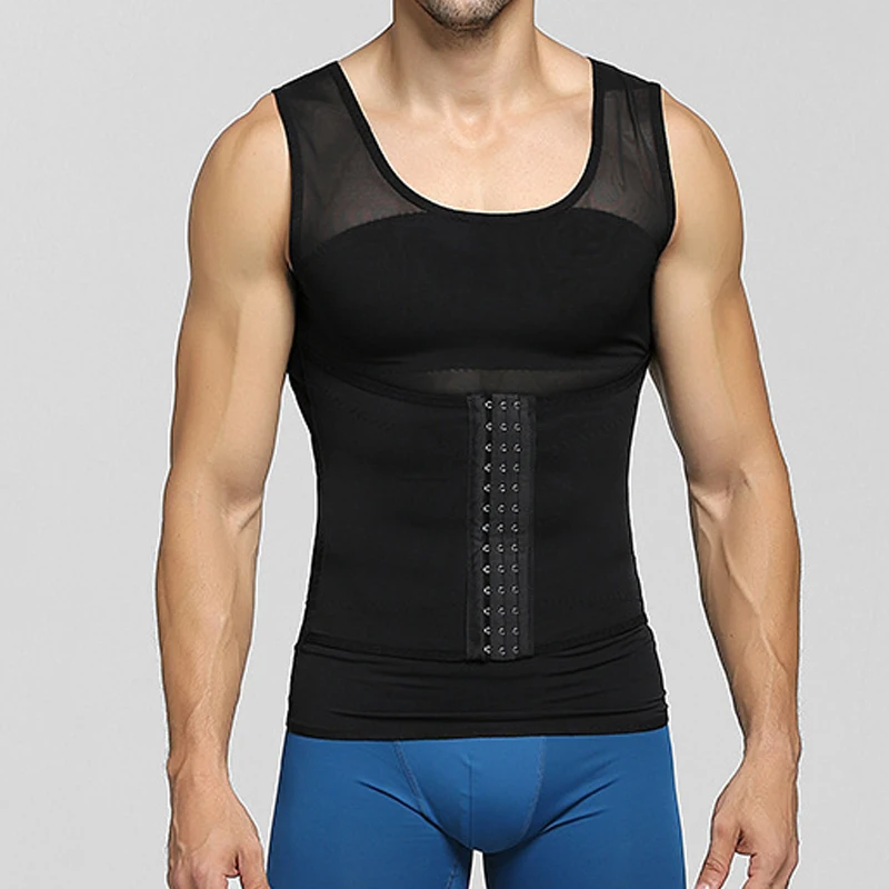 Mens Compression Vest Slimming Body Shaper Shirt Tummy Control Fitness Workout Tank Tops Abs Abdomen Undershirts with Hooks