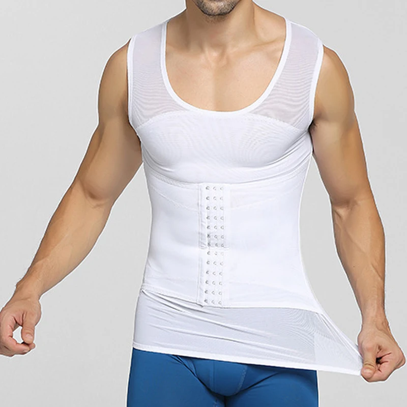 Mens Compression Vest Slimming Body Shaper Shirt Tummy Control Fitness Workout Tank Tops Abs Abdomen Undershirts with Hooks