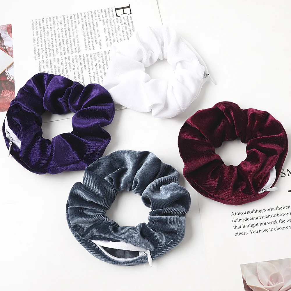 1PC Fashion New Velvet Pocket wallet Hair Scrunchies Retro Zipper Large Intestine Elastic Hair Band Hair Accessories Hot