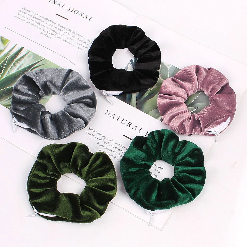 1PC Fashion New Velvet Pocket wallet Hair Scrunchies Retro Zipper Large Intestine Elastic Hair Band Hair Accessories Hot
