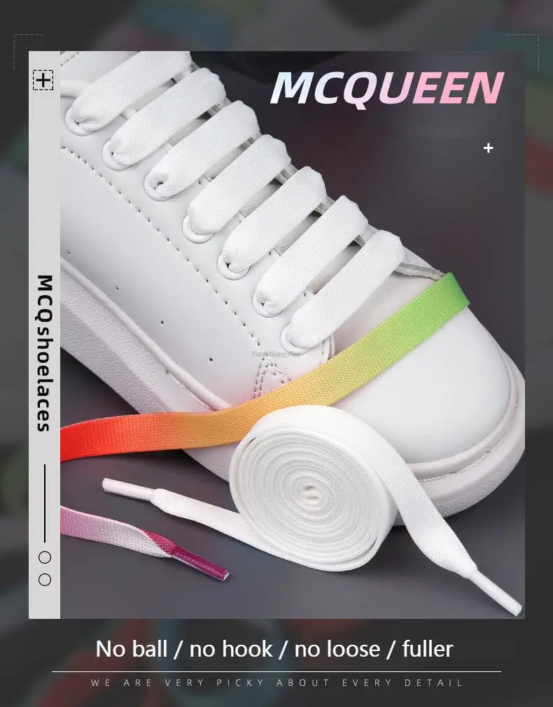 MCQ Black White Shoelaces Rainbow Shoelace Sneaker Casual Shoes Laces Gradient 1.2CM Width 100/120/140CM Flat Shoe laces Strings