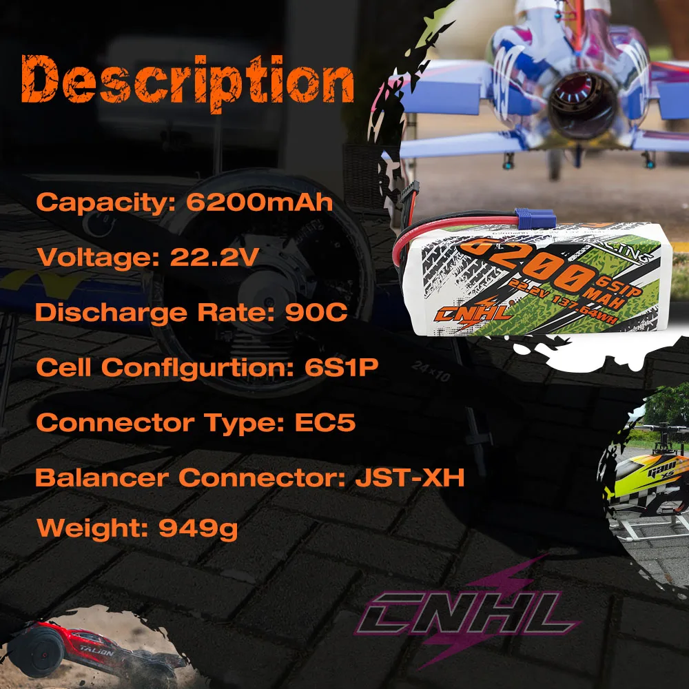 CNHL Lipo Battery 6S 22.2V 5200mAh 6200mA 9500mAh 90C With XT90 EC5 QS8 8mm Bullet Plug for Helicopter Airplane Car Truggy