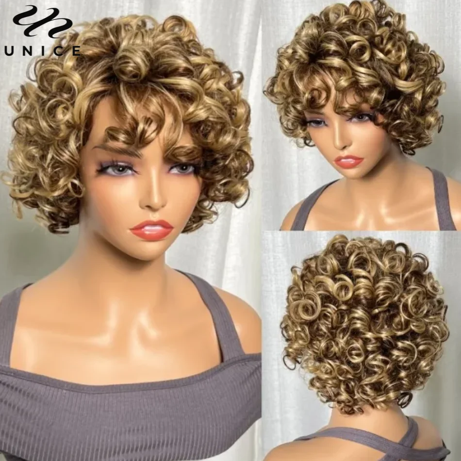 UNice Hair Blonde Curly Wig 100% Human Hair Bouncy Curly Wig with Bangs Open Cap Machine Wigs for Women 8Inch Short Afro Wig