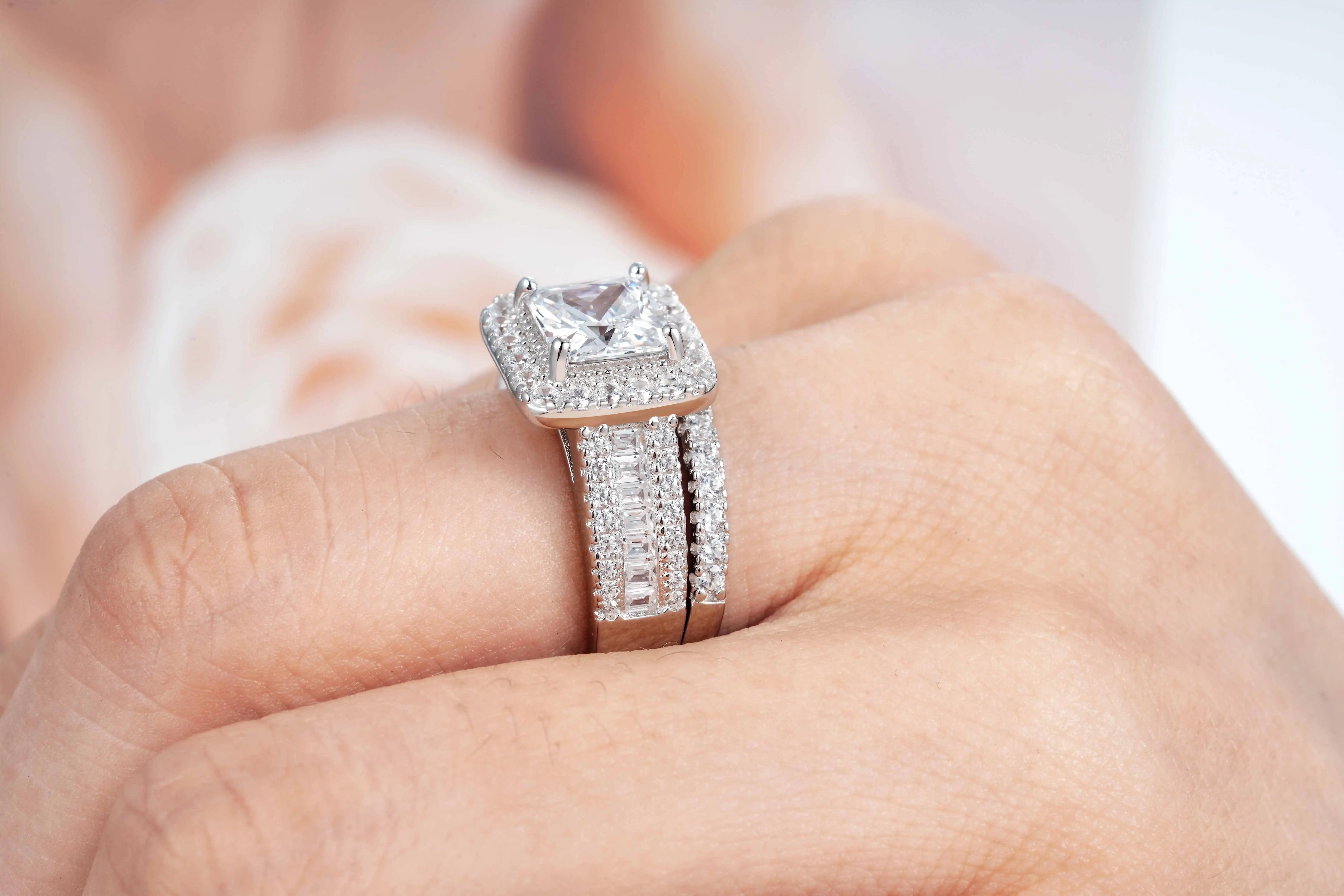 Newshe 925 Sterling Silver Wedding Jewelry Bridal Ring Sets for Women 3.5 CT Imitation Diamond Princess Cut AAAAA Cubic Zircon