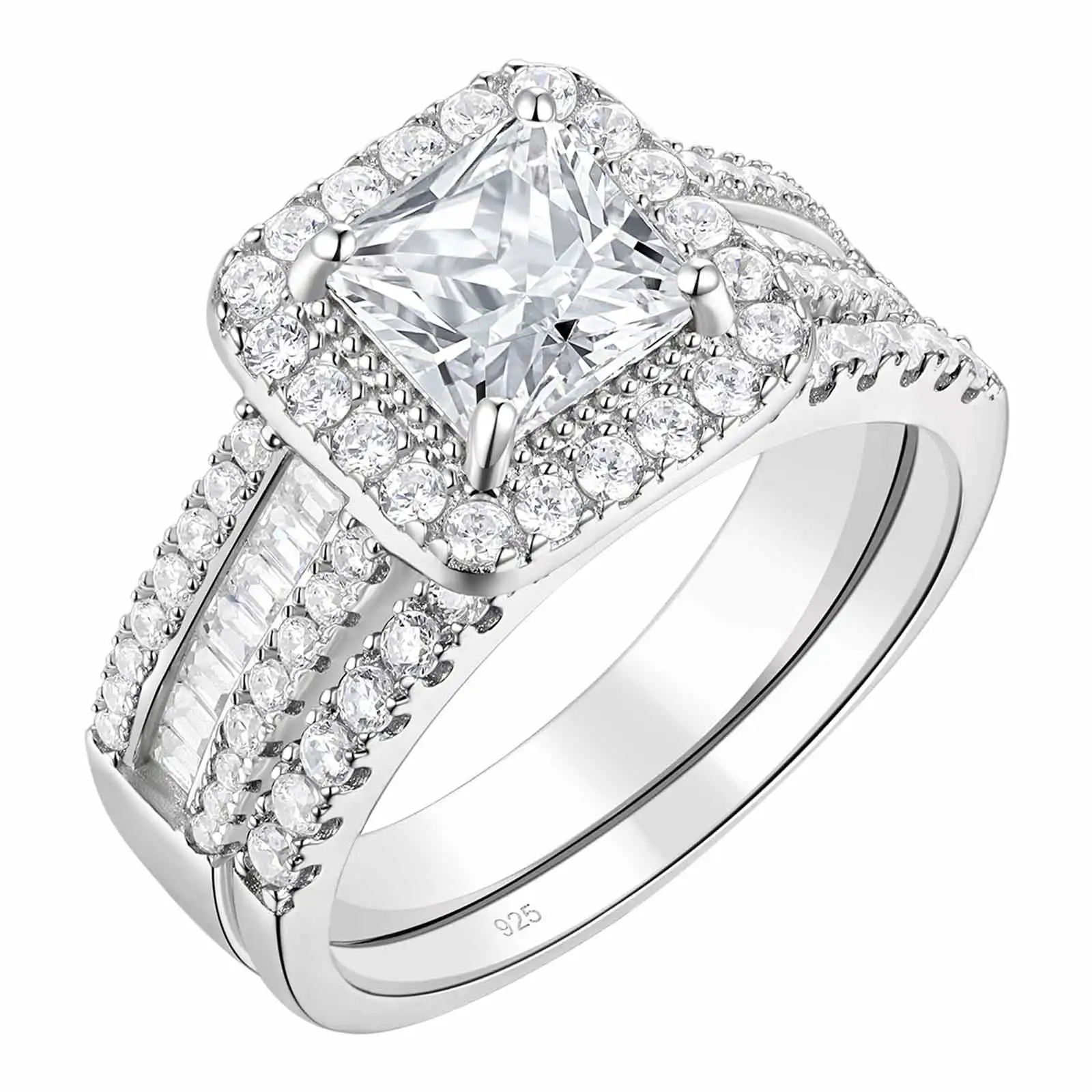Newshe 925 Sterling Silver Wedding Jewelry Bridal Ring Sets for Women 3.5 CT Imitation Diamond Princess Cut AAAAA Cubic Zircon