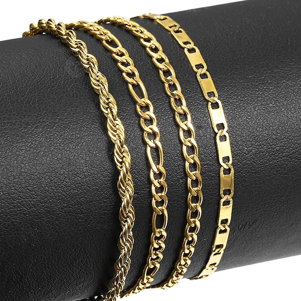 Minimalist Metal Anklets Women Gold Color Stainless Steel Figaro Rope Curb Link Leg Chain Basic Chic Lady Girl Jewelry 10inch