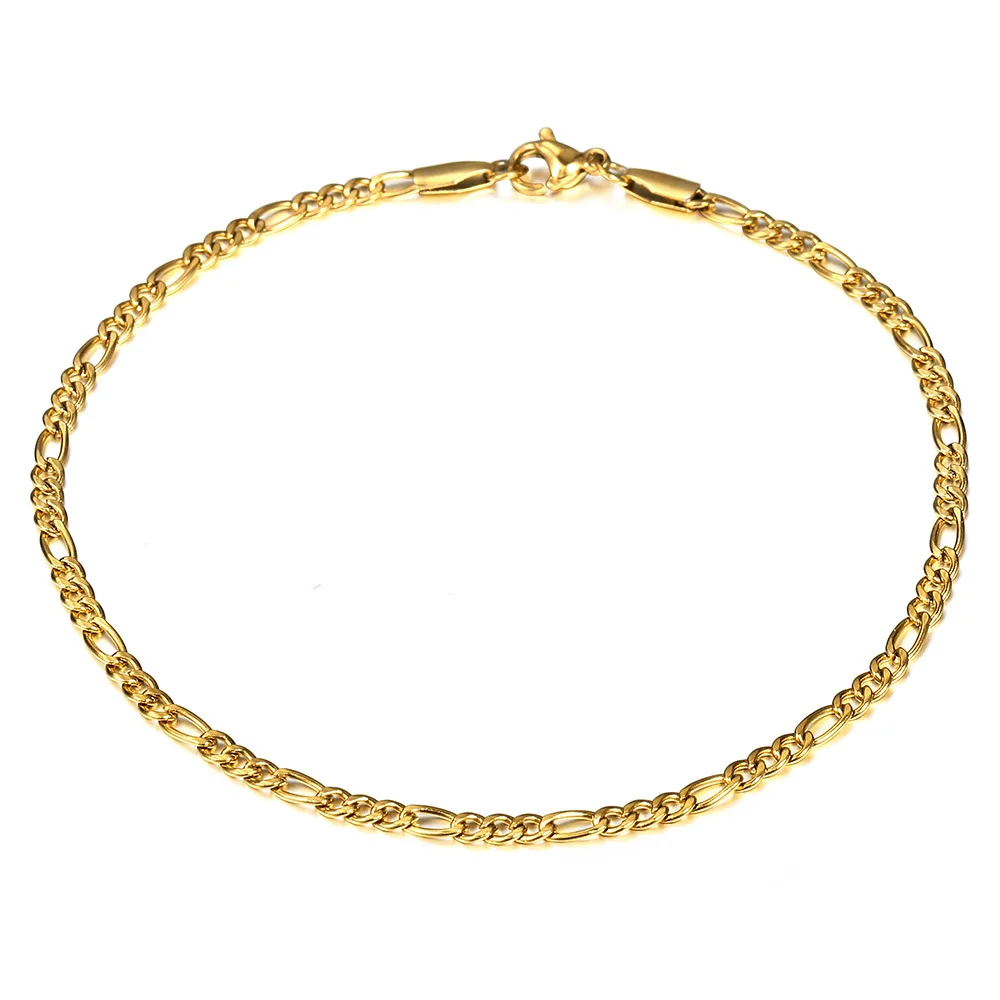 Minimalist Metal Anklets Women Gold Color Stainless Steel Figaro Rope Curb Link Leg Chain Basic Chic Lady Girl Jewelry 10inch