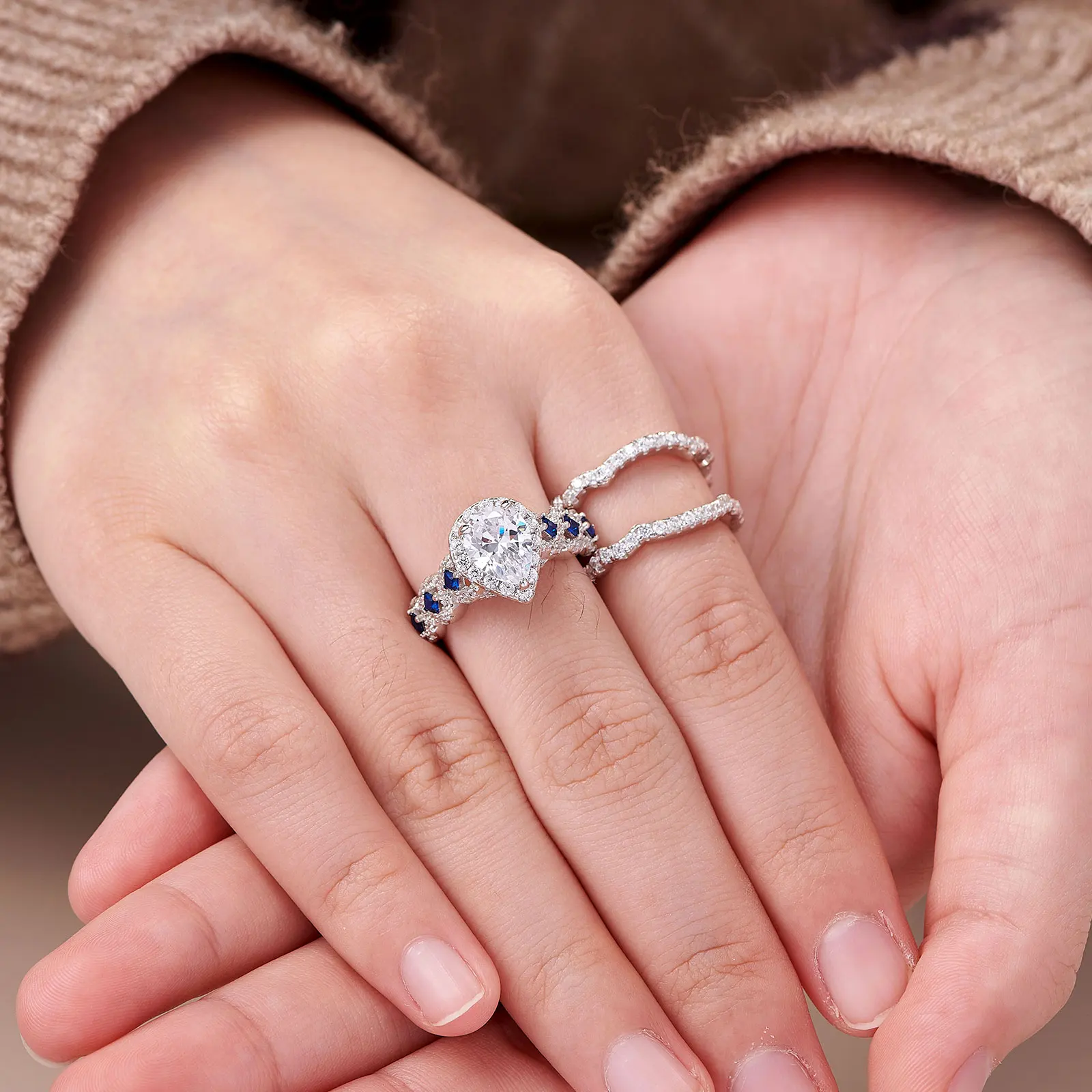 Newshe 3 Pcs Wedding Rings Set for Women Engagement Ring 925 Sterling Silver Water Drop Lab Sapphire White and Blue CZ Gemstone