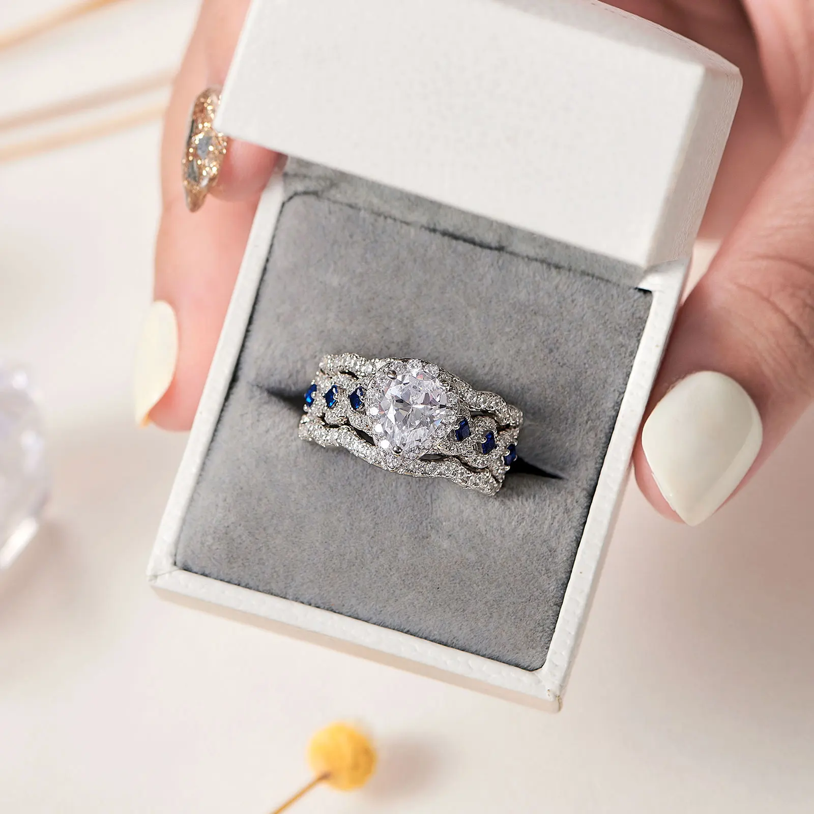 Newshe 3 Pcs Wedding Rings Set for Women Engagement Ring 925 Sterling Silver Water Drop Lab Sapphire White and Blue CZ Gemstone