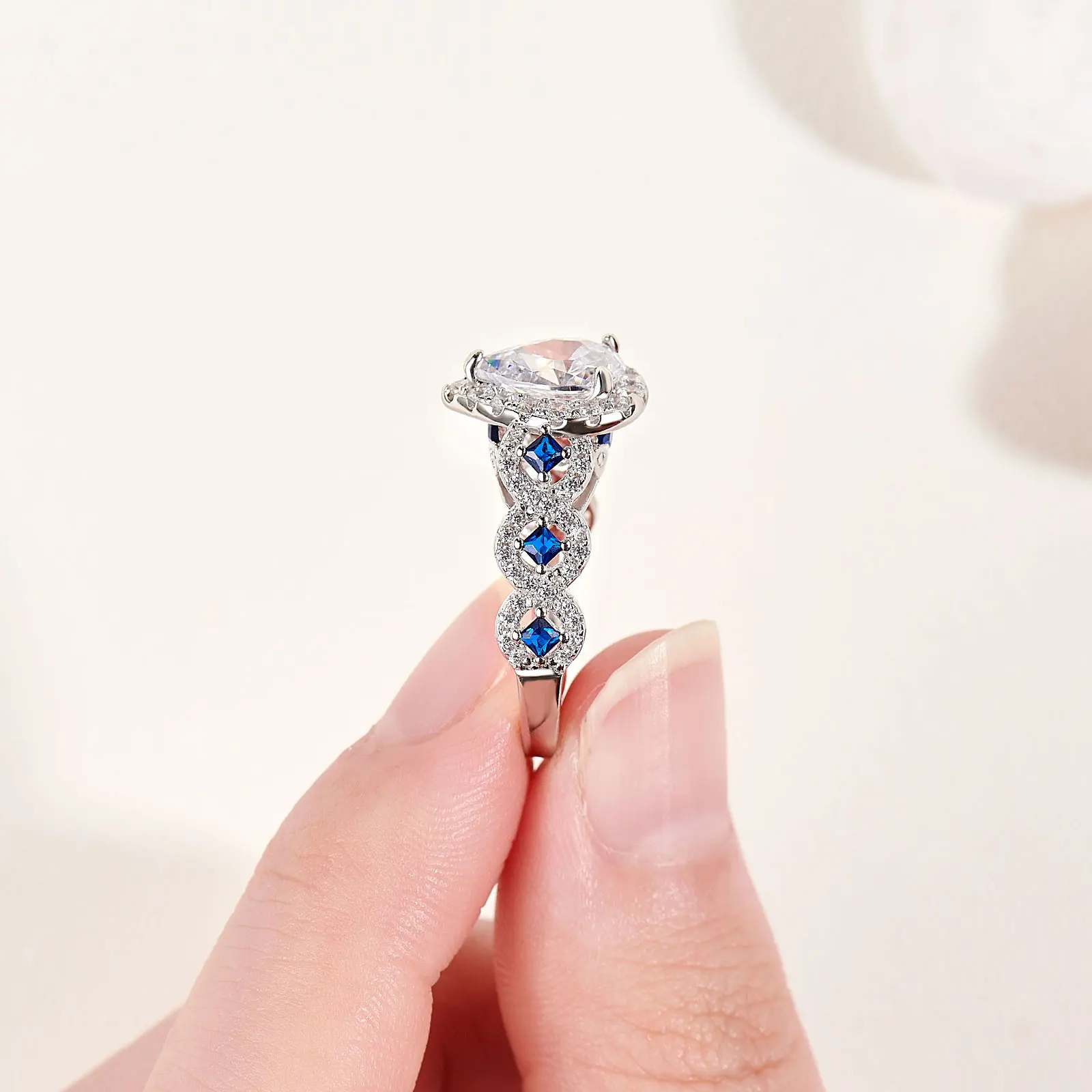 Newshe 3 Pcs Wedding Rings Set for Women Engagement Ring 925 Sterling Silver Water Drop Lab Sapphire White and Blue CZ Gemstone