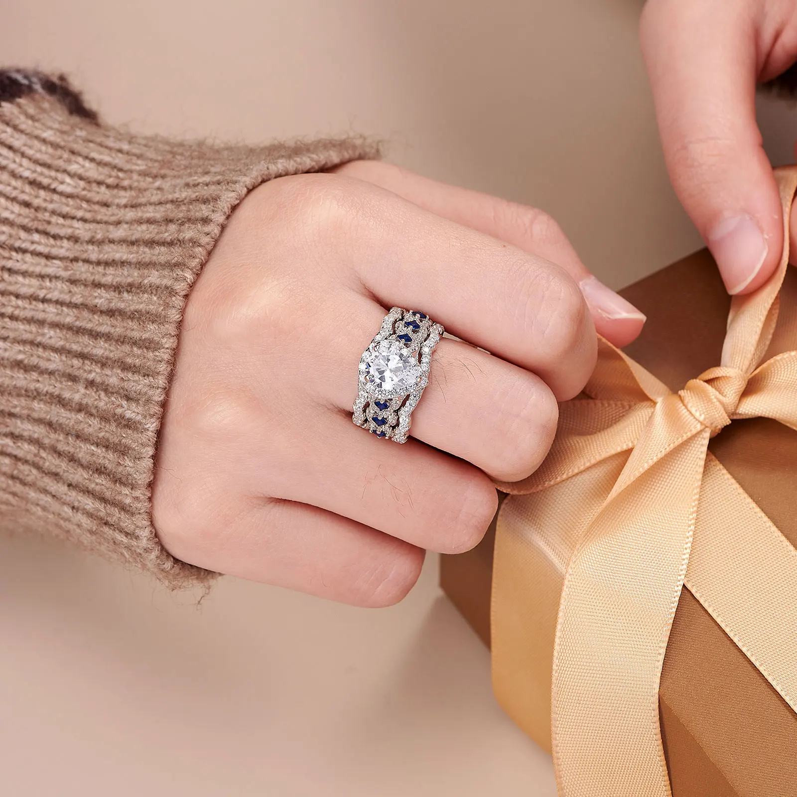 Newshe 3 Pcs Wedding Rings Set for Women Engagement Ring 925 Sterling Silver Water Drop Lab Sapphire White and Blue CZ Gemstone